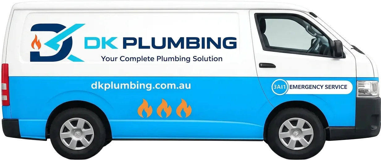 The DK Plumbing service van, signwritten with the DK Plumbing logo and dkplumbing.com.au