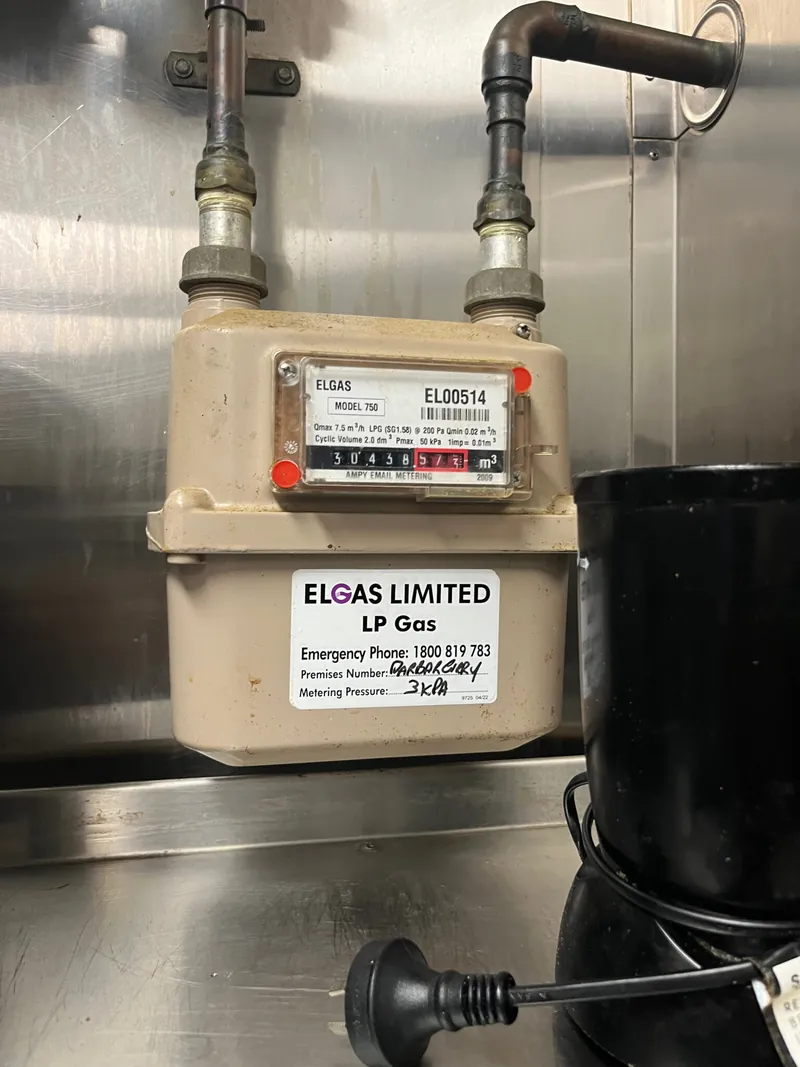 An Elgas LP gas meter and regulator mounted on a stainless steel wall in a commercial kitchen